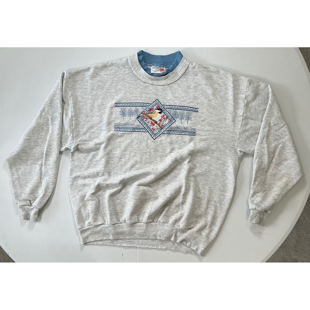 VTG 90s Granny Morning Sun Winter Sweatshirt Womens XL Embroidered Chickadee